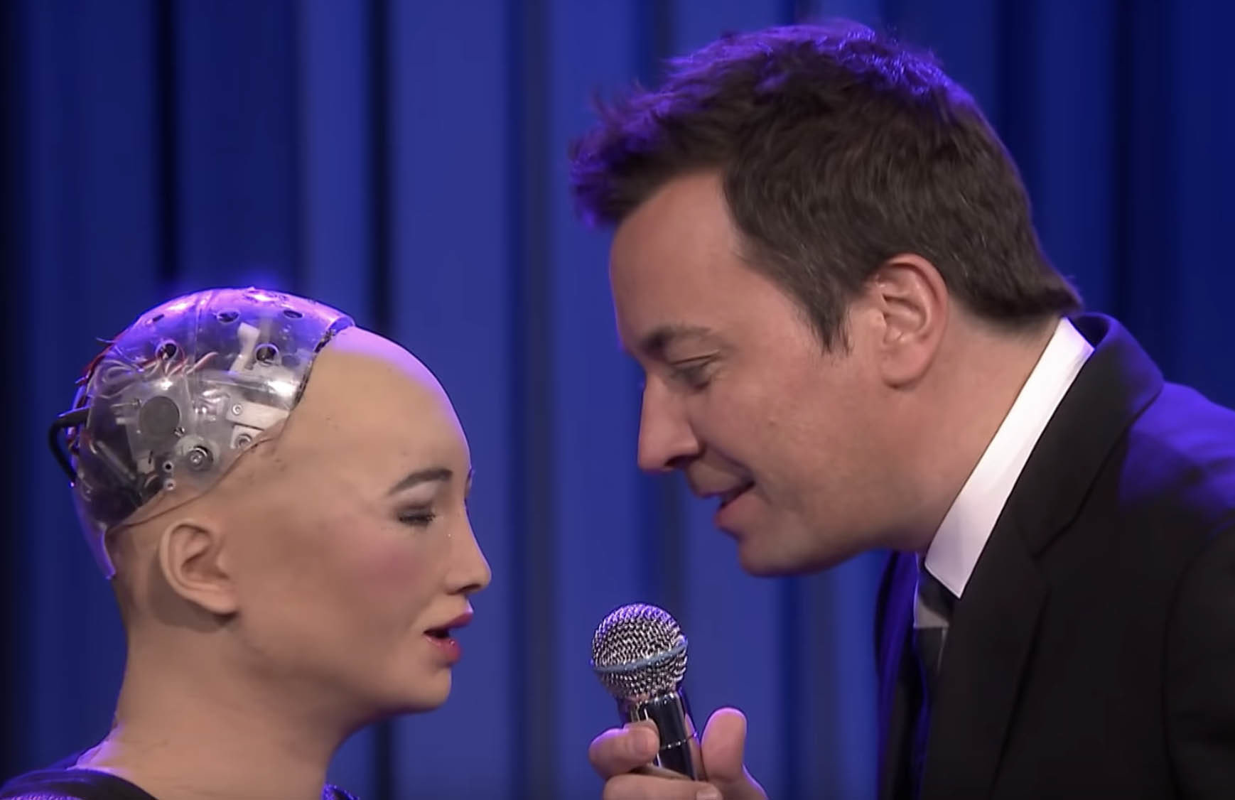 Sophia the Robot singing with Jimmy Fallon