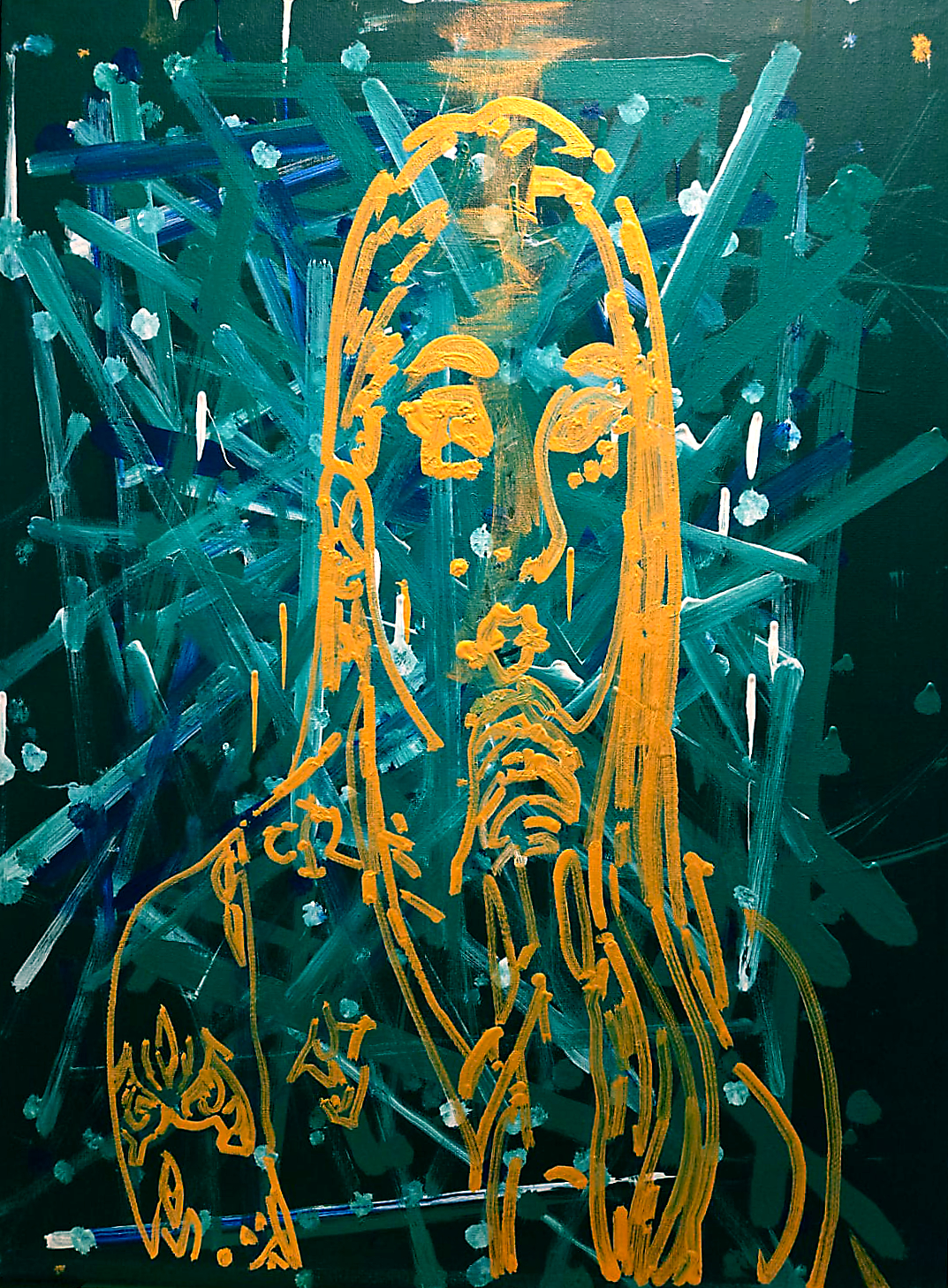 A colourful portrait painting made by the Tesseract robot from live music
